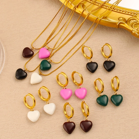 Stainless Steel Gold Plated Heart Jewelry Set Enamel Sweet Heart Pendant Necklace And Earrings Set For Women Girls Jewelry