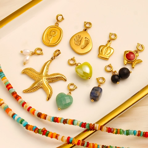 Bohemian Colorful Beaded Necklace Set For Women Stainless Steel 18K Gold Plated Starfish Heart Natural Stone Pendant Jewelry
