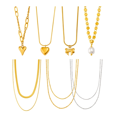 Fashion Stainless Steel Heart Bow Artificial Pearl Pendant Necklace For Women Double Layer Snake Chain 18K Gold Plated Jewelry