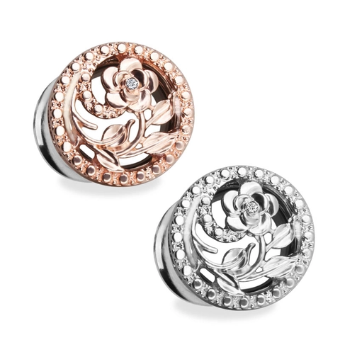 Tunnels d'Oreille en Acier Inoxydable Fleur de Rose Creuse pour Femmes Incrusté de Zirconium Plugs Évasés Bijoux de Piercing Or Rose Argent