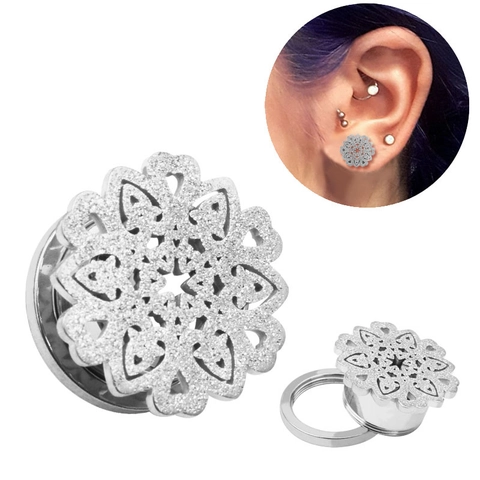Stainless Steel Hollow Mandala Flower Screw Fit Ear Plugs Frosted Body Piercing Jewelry Gauges For Men Women Ear Expander