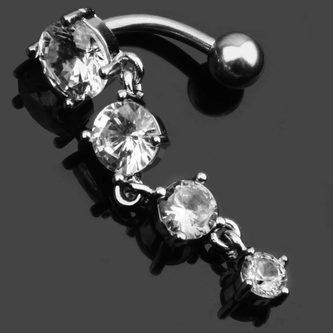 316L Stainless Steel Dangle Belly Button Ring Vertical Rhinestone Curved Barbell Body Piercing Jewelry For Women Rose Gold