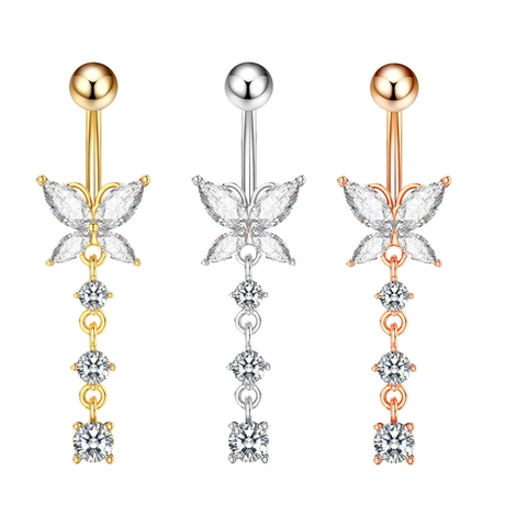 Piercing de Ombligo de Mariposa de Acero Inoxidable 316L para Mujer Joyas Colgantes con Zirconia y Borla