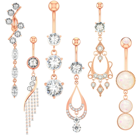 Stainless Steel Zirconia Dangle Belly Button Ring For Women Rose Gold Silver Fashion Body Piercing Jewelry Navel Ring Gift