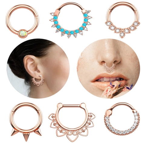 Stainless Steel Zircon Opal Nose Ring Stud Earring For Women Men Punk Bohemian Body Piercing Jewelry Hinge Clicker