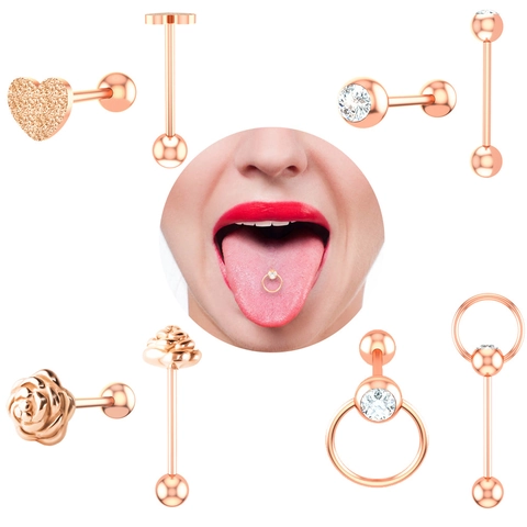 Piercing de Langue en Acier Inoxydable Rose Fleur Cœur Zircon Bijoux de Corps Barbell Clou pour Femmes Hommes Unisexe