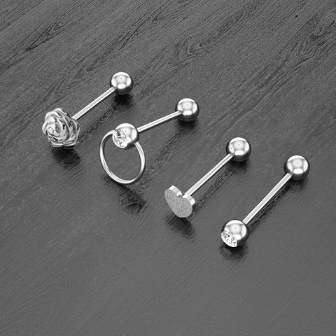 Piercing de Langue en Acier Inoxydable Rose Fleur Cœur Zircon Bijoux de Corps Barbell Clou pour Femmes Hommes Unisexe