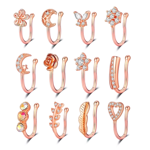 Zircon Nose Clip Non Piercing Fake Nose Ring Copper Gold Silver Plated Star Moon Flower Butterfly Leaf Jewelry Accessory For Women