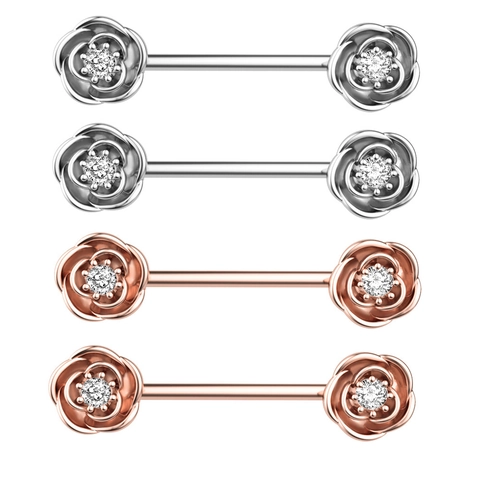 Stainless Steel Rose Flower Nipple Rings With Rhinestone Barbell Piercing Jewelry Rose Gold Silver Body Jewelry For Women