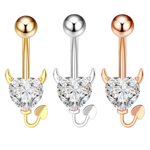 Stainless Steel Devil Heart Belly Button Ring For Women Zirconia Heart Navel Piercing Jewelry Gold Silver Rose Gold