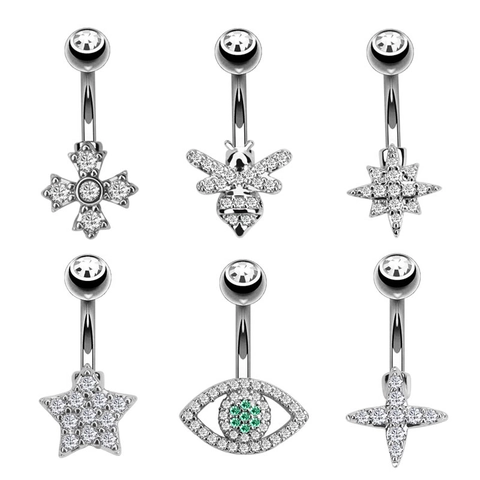 Women 316L Surgical Stainless Steel Belly Button Ring Zirconia Inlaid Navel Piercing Jewelry Bee Star Cross Evil Eye Rose Gold Silver
