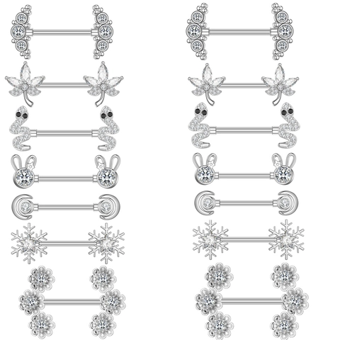 Surgical Steel Nipple Rings For Women Zirconia Snake Rabbit Moon Snowflake Flower Maple Leaf Piercing Body Jewelry