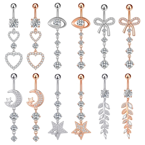 Stainless Steel Navel Piercing Belly Ring For Women Zirconia Moon Star Eye Bow Heart Leaf Dangle Body Jewelry Navel Nail