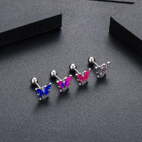 Stainless Steel Butterfly Ear Cartilage Stud Earrings Colorful Enamel Glitter Screw Ball Back Piercing Jewelry For Women
