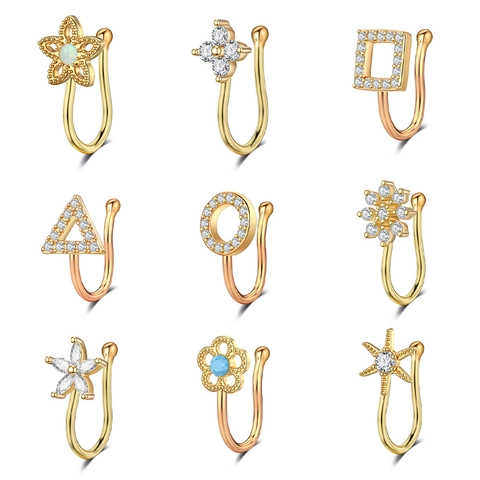 Fake Nose Ring Copper Zirconia Nose Clip Non-Piercing U-Shaped Geometric Flower Star Women Fashion Jewelry Gold Silver Plated Nose Piercing Jewelry