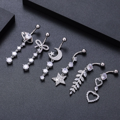 Stainless Steel Navel Piercing Belly Ring For Women Zirconia Moon Star Eye Bow Heart Leaf Dangle Body Jewelry Navel Nail