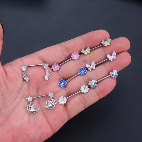 Stainless Steel Nipple Rings For Women Zirconia Butterfly Daisy Enamel Heart Bear Pendant Body Piercing Jewelry