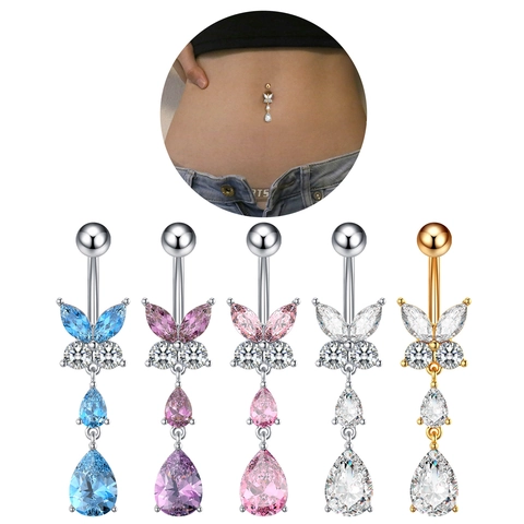 Vlinder Navelpiercing Met Zirkonia Waterdruppel Hanger Navel Ring Dames Koperen Lichaamssieraden Cadeau