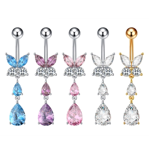 Vlinder Navelpiercing Met Zirkonia Waterdruppel Hanger Navel Ring Dames Koperen Lichaamssieraden Cadeau