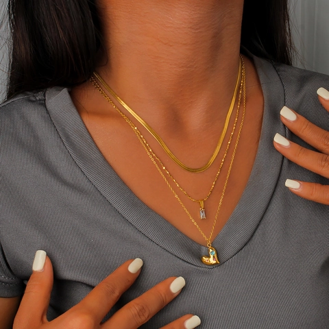 18K Gold Plated Stainless Steel Layered Necklace With Heart And Rectangle Zirconia Pendant For Women Elegant Jewelry Gift