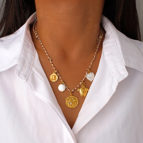 Collana Bohemien in Corda Intrecciata Acciaio Inossidabile Placcata Oro Pendenti Tartaruga Marina Sole Cuore Donna Gioielli