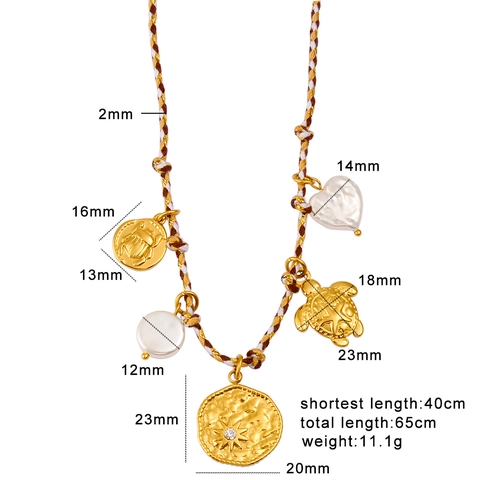 Collana Bohemien in Corda Intrecciata Acciaio Inossidabile Placcata Oro Pendenti Tartaruga Marina Sole Cuore Donna Gioielli