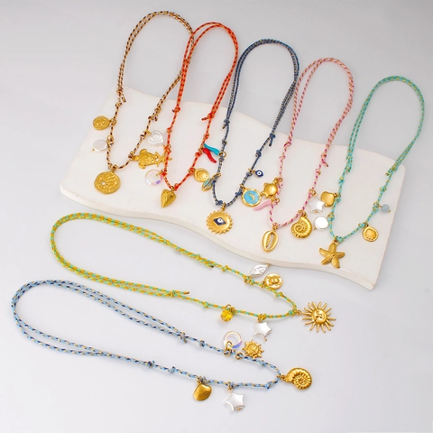 Bohemian Stainless Steel Multi Pendant Necklace For Women Colorful Braided Rope Sea Turtle Shell Sun Evil Eye Artificial Pearl Vacation Jewelry