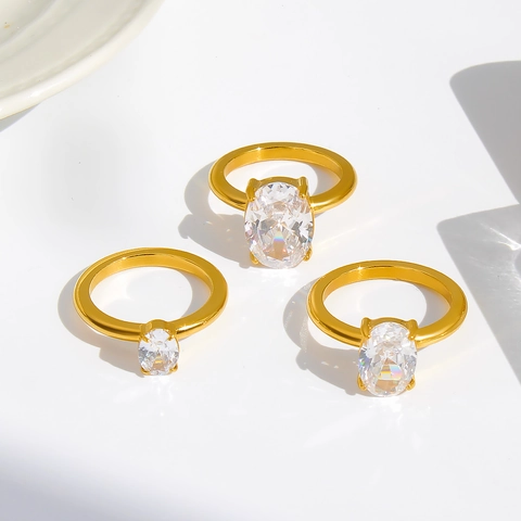 Luxury Stainless Steel Oval Zirconia Ring For Women Gold Plated Minimalist Geometric Finger Ring Fashion Jewelry Gift