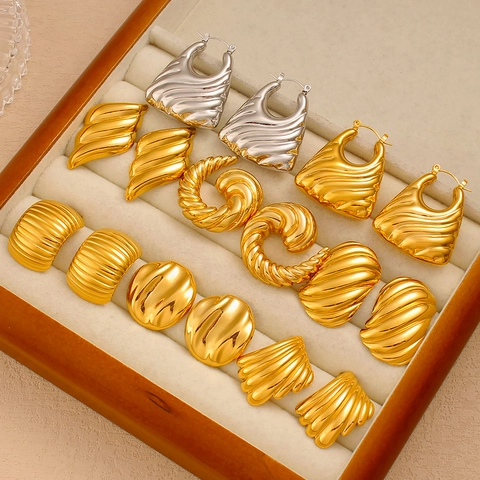 Vintage Pleated Stainless Steel Geometric Earrings For Women Gold Silver Plated Rippled Swirl Shell Earrings Fashion Jewelry