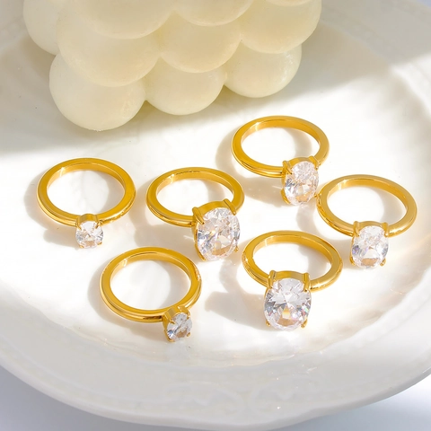 Luxury Stainless Steel Oval Zirconia Ring For Women Gold Plated Minimalist Geometric Finger Ring Fashion Jewelry Gift