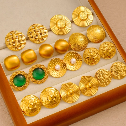 Vintage Stainless Steel Stud Earrings For Women Retro Geometric Relief Coin Pearl Zirconia Gold Silver Fashion Earring Jewelry