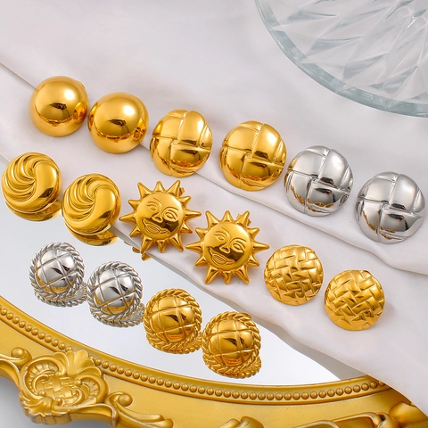 Vintage Stainless Steel Stud Earrings For Women Geometric Gold Silver Plated Woven Quilted Sun Face Retro Chic Jewelry