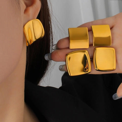 Vintage Stainless Steel Geometric Stud Earrings For Women Gold Plated Hammered Texture Irregular Square Statement Jewelry