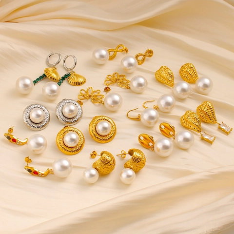 Stainless Steel Artificial Pearl Drop Earrings For Women Vintage Gold Silver Rhinestone Geometric Heart Flower Stud Earrings Jewelry