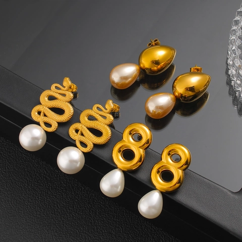 Vintage Stainless Steel Artificial Pearl Earrings For Women 18K Gold Plated C-Shape Snake Geometric Zirconia Branch Dangle Earrings Jewelry