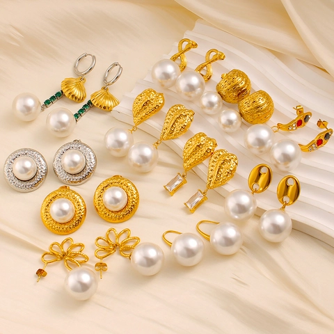 Stainless Steel Artificial Pearl Drop Earrings For Women Vintage Gold Silver Rhinestone Geometric Heart Flower Stud Earrings Jewelry