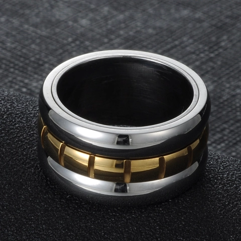 Stainless Steel Spinner Ring For Men Women Two Tone Gold Silver Rotatable Gear Pattern Industrial Style Wide Band Jewelry