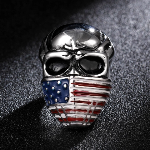 Vintage Titanium Stainless Steel Skull Ring With US Flag Mask Punk Biker Jewelry For Men Biker Style Finger Ring Gift