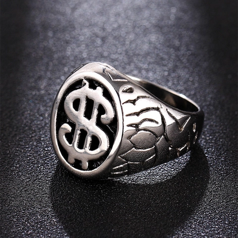 Vintage Men 316 Stainless Steel Dollar Sign Signet Ring Rock Punk Gothic Hip Hop Jewelry Silver Tone Finger Ring