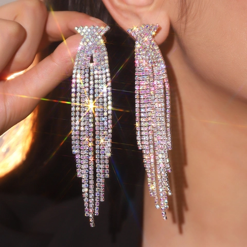 Luxury AB Rhinestone Long Tassel Drop Earrings Shiny Alloy Full Crystal Dangle Earring For Women Party Wedding Bridal Jewelry