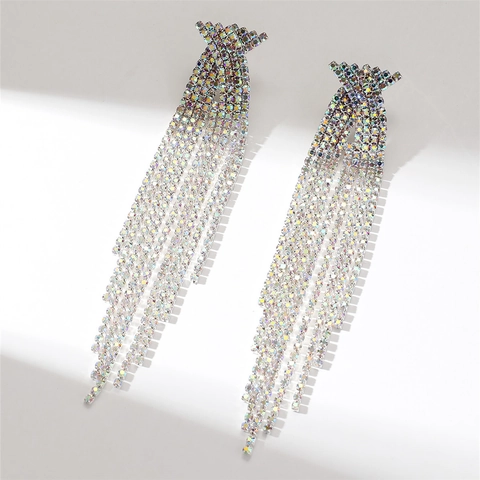 Luxury AB Rhinestone Long Tassel Drop Earrings Shiny Alloy Full Crystal Dangle Earring For Women Party Wedding Bridal Jewelry