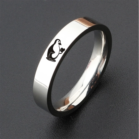 Cute Penguin Heart Engraved Band Rings Stainless Steel Polished Minimalist Jewelry For Couples Men Women
