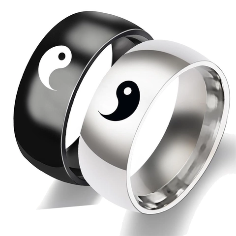 Tai Chi Yin Yang Symbol Ring Stainless Steel Band Vintage Polished Black Silver Jewelry For Couples Men Women