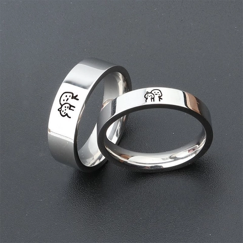 Minimalist Stainless Steel Cartoon Portrait Ring For Women And Men Steel Color Polished Couple Band Ring Valentine Day Jewelry Gift