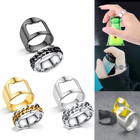 Titanium Steel Ring For Men Women Creative Bottle Opener Design Fashion Rotating Chain Ring Stress Relief Finger Ring Gift