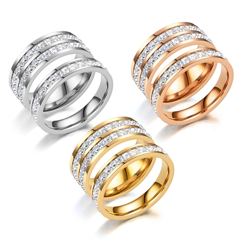 Stainless Steel Cubic Zirconia Eternity Ring Women Men Gold Silver Rose Gold Plated Square Zircon Ring Wedding Band Jewelry