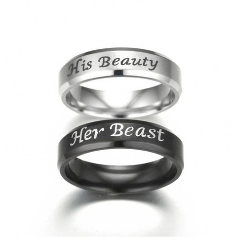 Ensemble de Bagues de Couple en Acier Inoxydable His Beauty Her Beast Poli Noir Argent Bagues de Bande Inscrites Pour Cadeau de Mariage