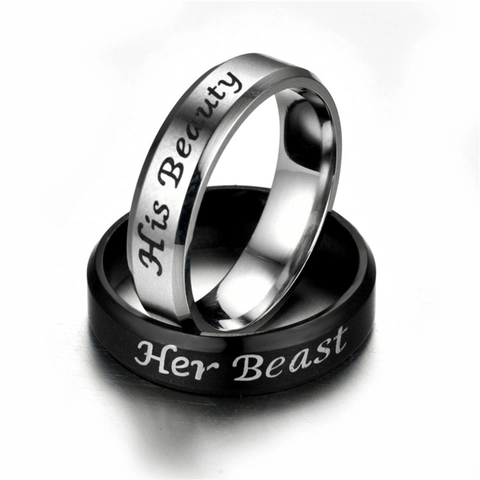 Ensemble de Bagues de Couple en Acier Inoxydable His Beauty Her Beast Poli Noir Argent Bagues de Bande Inscrites Pour Cadeau de Mariage