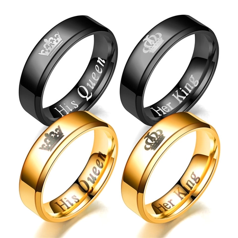 Minimalist Stainless Steel Crown Couple Ring Her King His Queen Engraved Band Ring For Men Women Valentine Day Jewelry Gift
