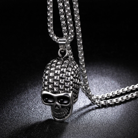 Collar de Pendiente de Calavera de Acero de Titanio Gótico Retro Punk Cabeza de Esqueleto Cadena de Caja para Hombre Mujer Joyería Halloween